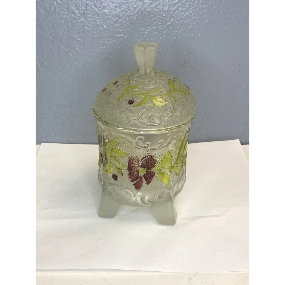 1890's Bohemian Floral Frosted Satin Victorian Glass Biscuit Jar EAPG Antique